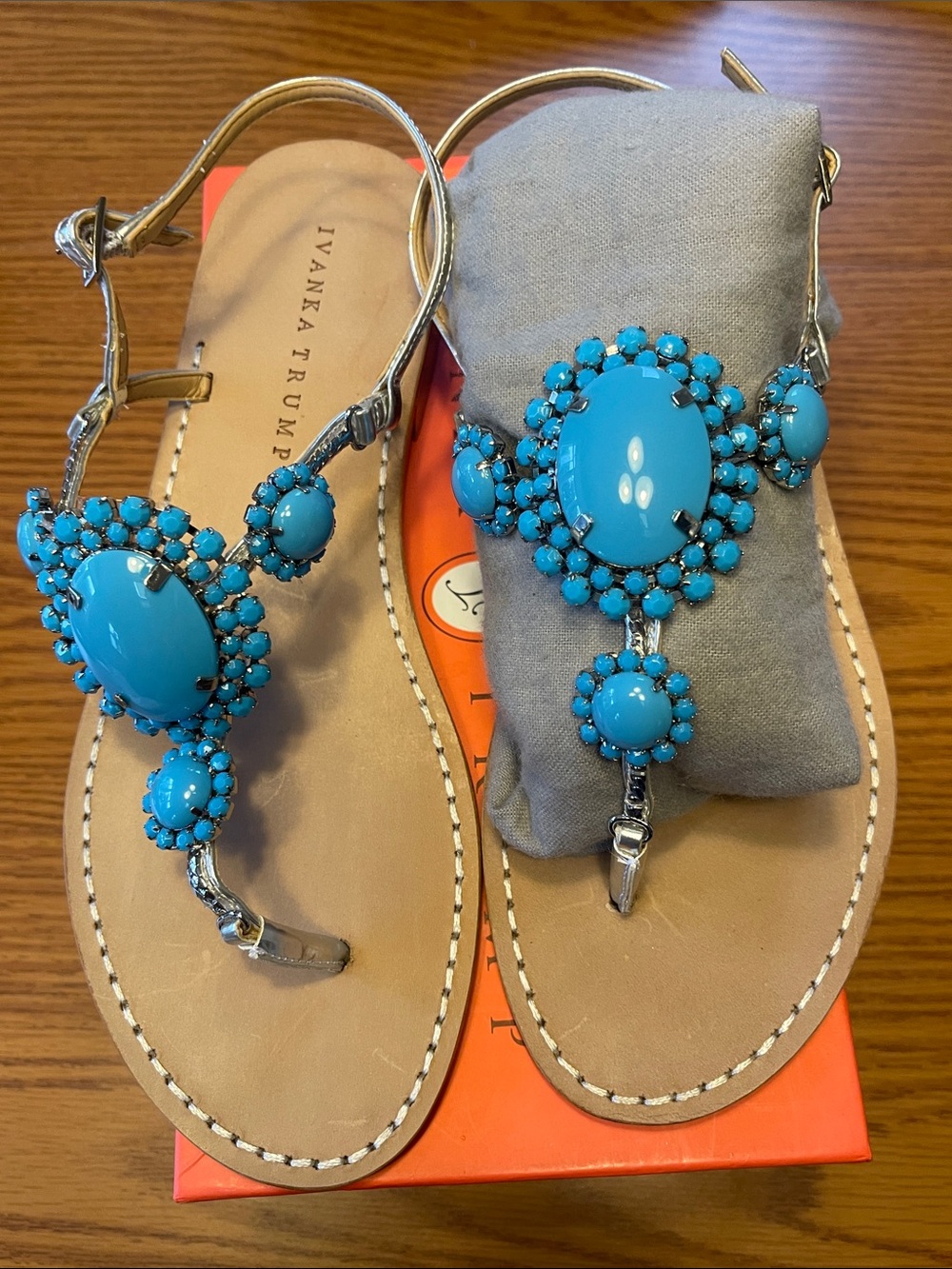 NIB— Ivanka Trump Turquoise Jeweled T-Strap Sandals with Silver Accents